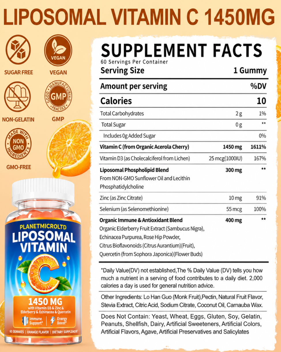 Liposomal Vitamin C Gummy for Adults: Organic Chewable Gummies | Extra Strength Vitamin C Gummies Plus Zinc D3 Elderberry Echinacea - Orange Flavor Sugar Free for Immune Support (120Count)
