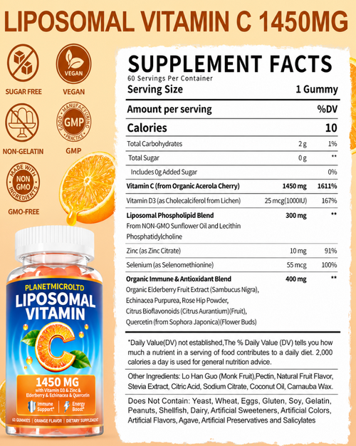 Liposomal Vitamin C Gummy for Adults: Organic Chewable Gummies | Extra Strength Vitamin C Gummies Plus Zinc D3 Elderberry Echinacea - Orange Flavor Sugar Free for Immune Support (120Count)